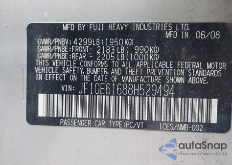 2008 Subaru Impreza 2.5I из США, поврежденный, VIN JF1GE61688H529494